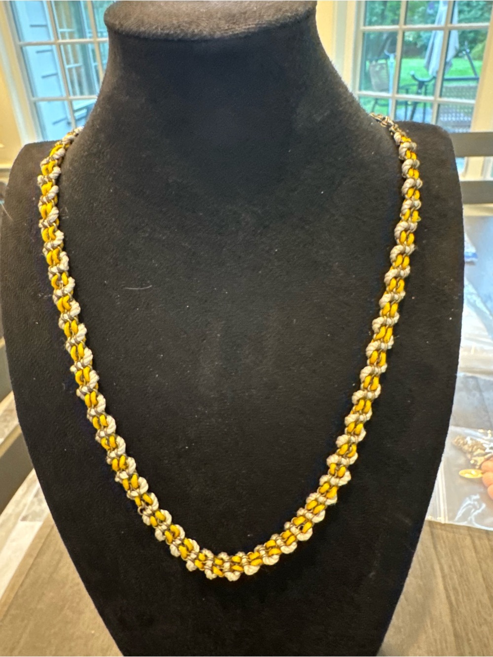 Yellow Silver Woven Braided Chain Necklace Boho Statement Mixed Media Jewelry